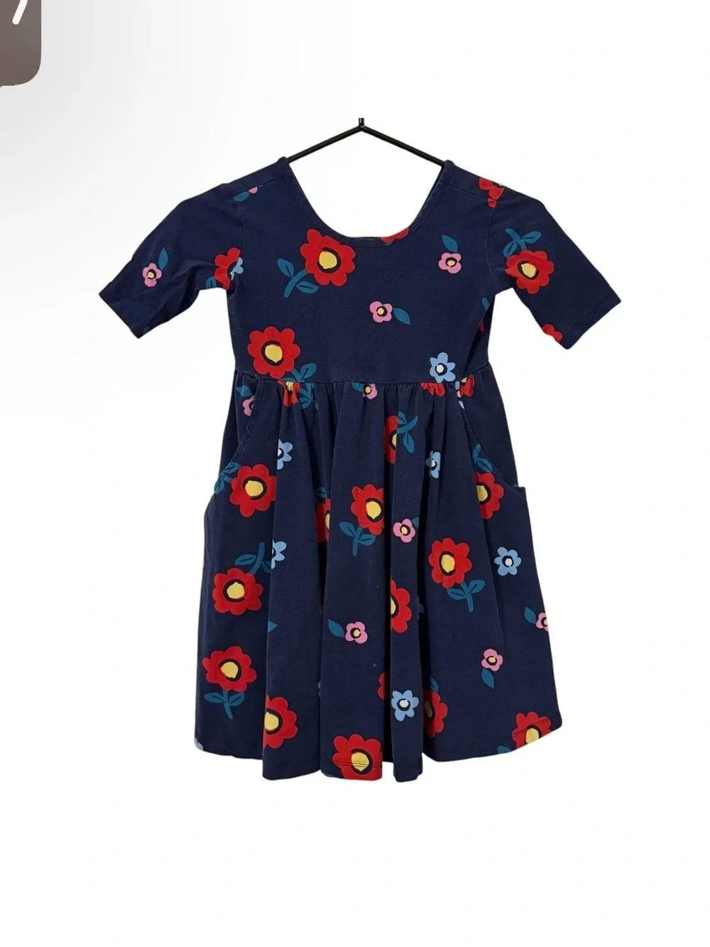 4/$25 Hanna Andersson Flower Twirl Dress Girls Size 6-7 Navy Red Pockets READ